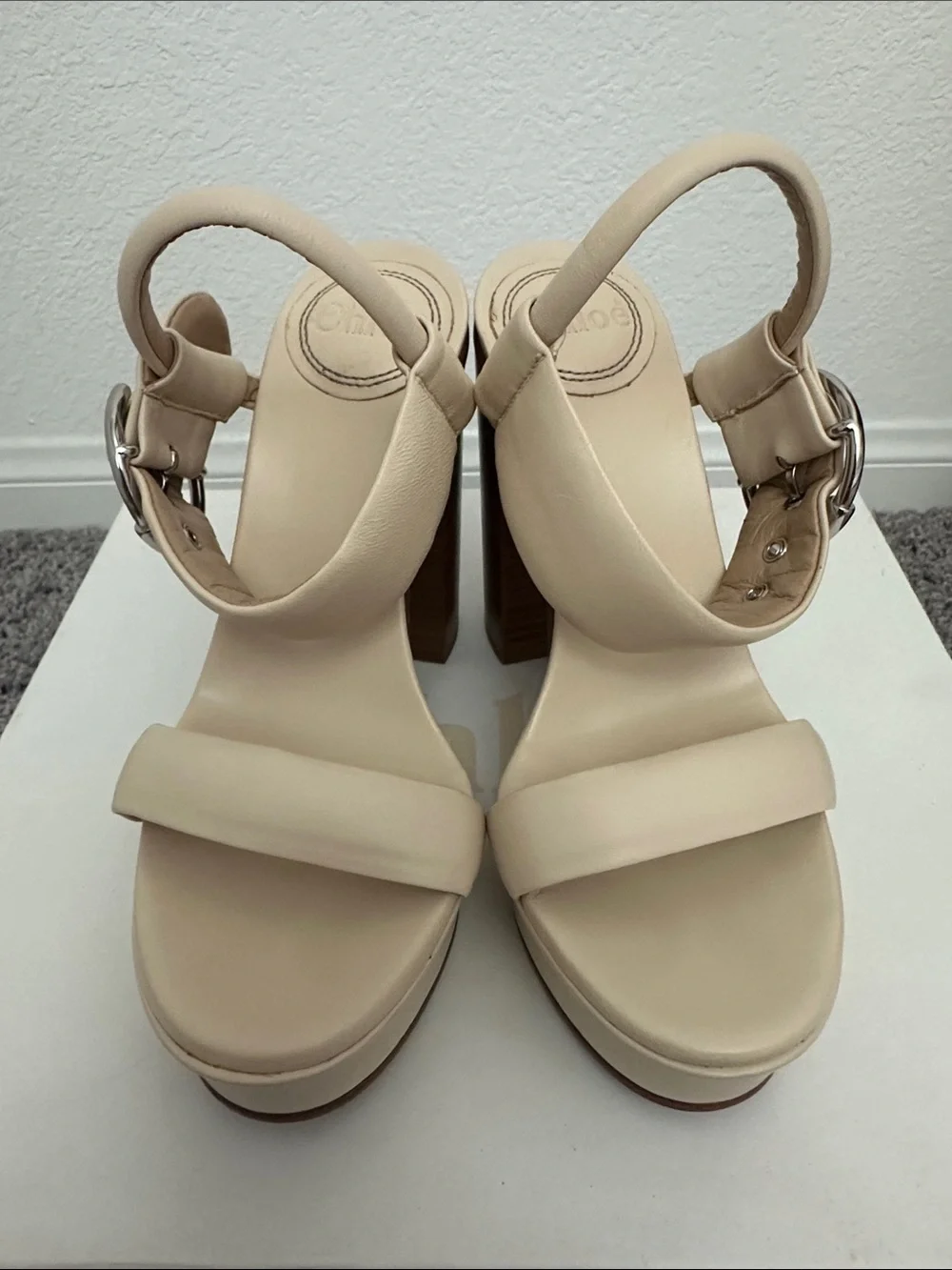 Chloe Cream Platform Block Heel Sandals with Ankle Strap